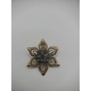 Vintage Gold Tone Flower Brooch Pin Pendant Black Crystals Jewelry Costume